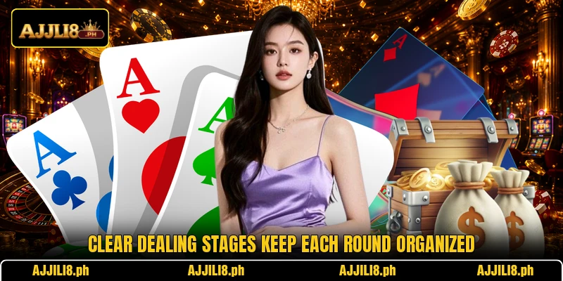 Clear dealing stages keep each round organized
